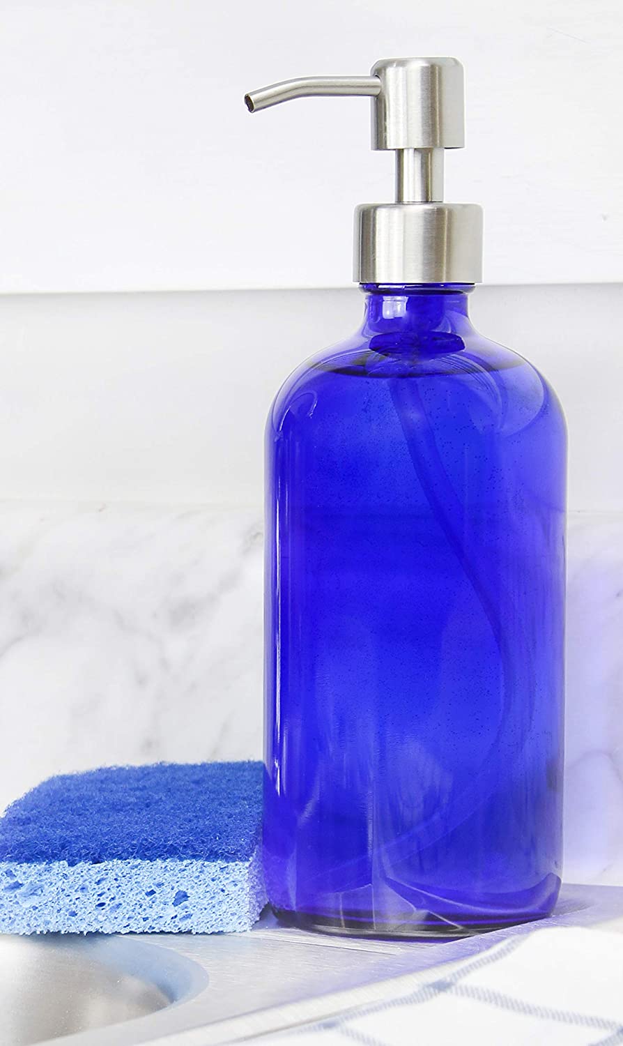 16oz Cobalt Blue Glass Bottles w/Stainless Steel Pumps (40-Pack) - SH_865_CASE