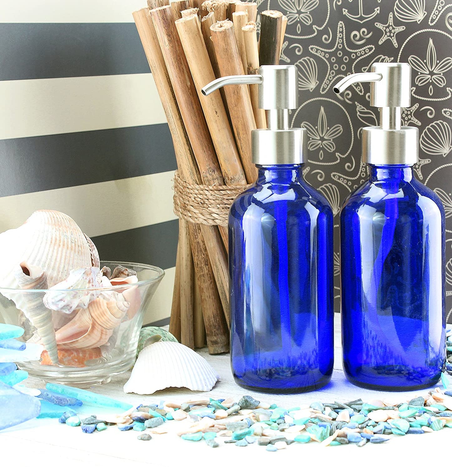 8oz Cobalt Blue Glass Bottles w/Stainless Steel Pumps (48 pack) - SH_867_CASE