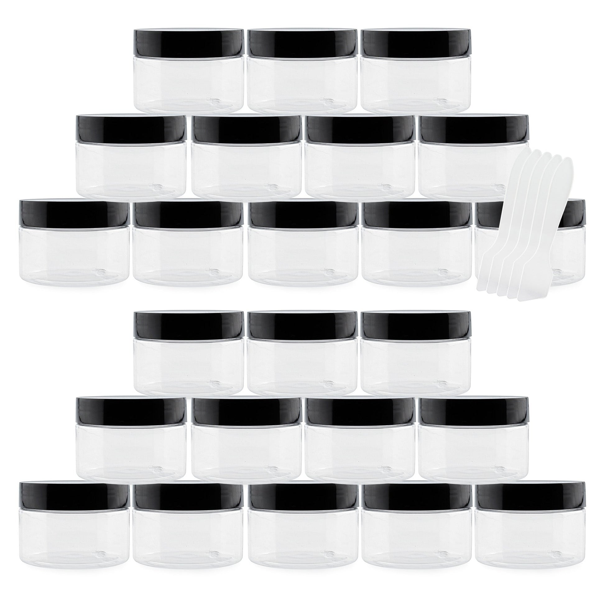 4oz Clear Plastic Jars with Labels & Spatulas & Lids (24-Pack) - sh1914cb024Jars