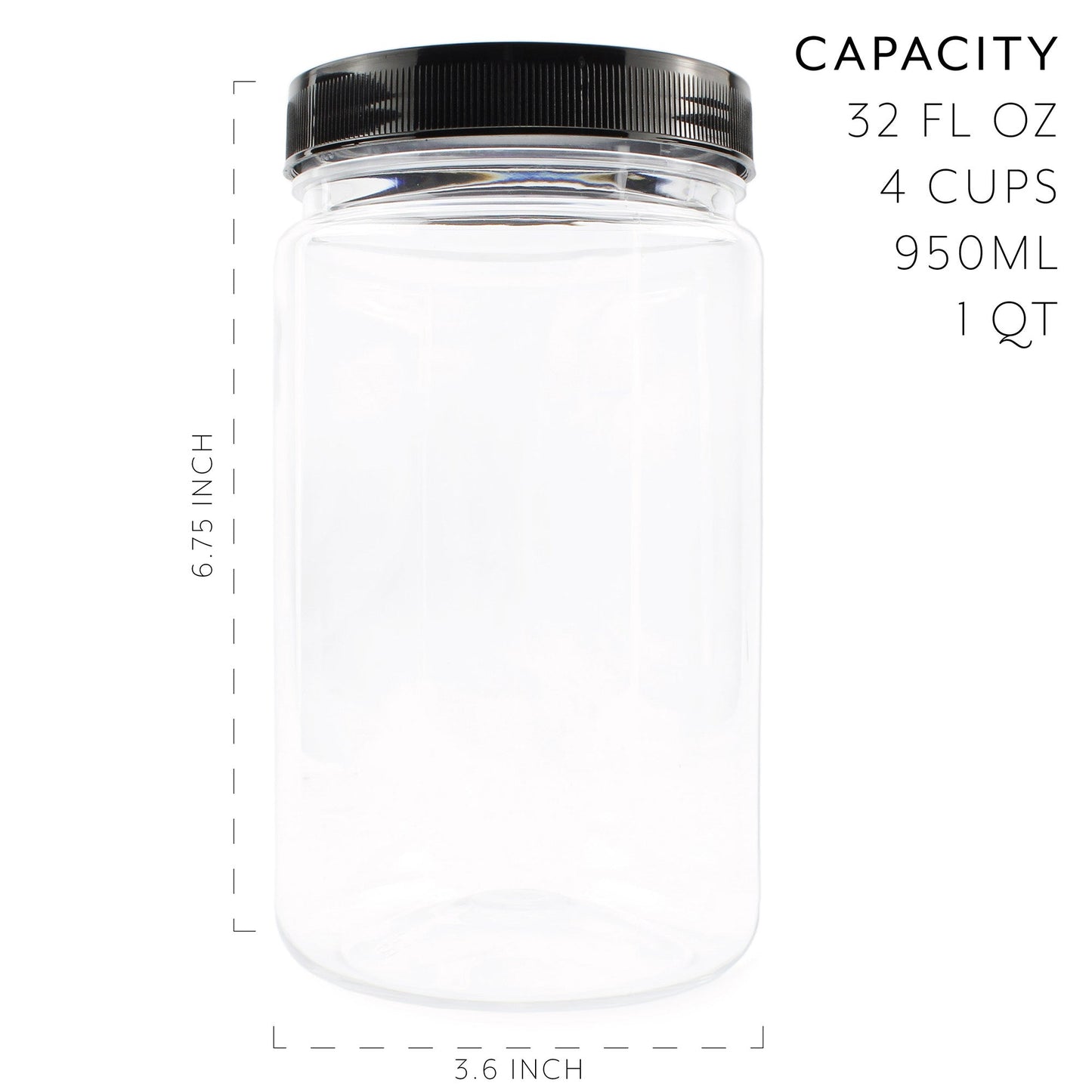 32oz Clear Plastic Jars w/ Black Lids (6 pack) - sh1321cb032oz