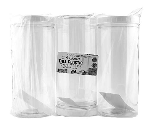 Tall Clear Plastic Canisters w Lids and Labels ( 3-Pack, 2.5 quart / 10 cups)