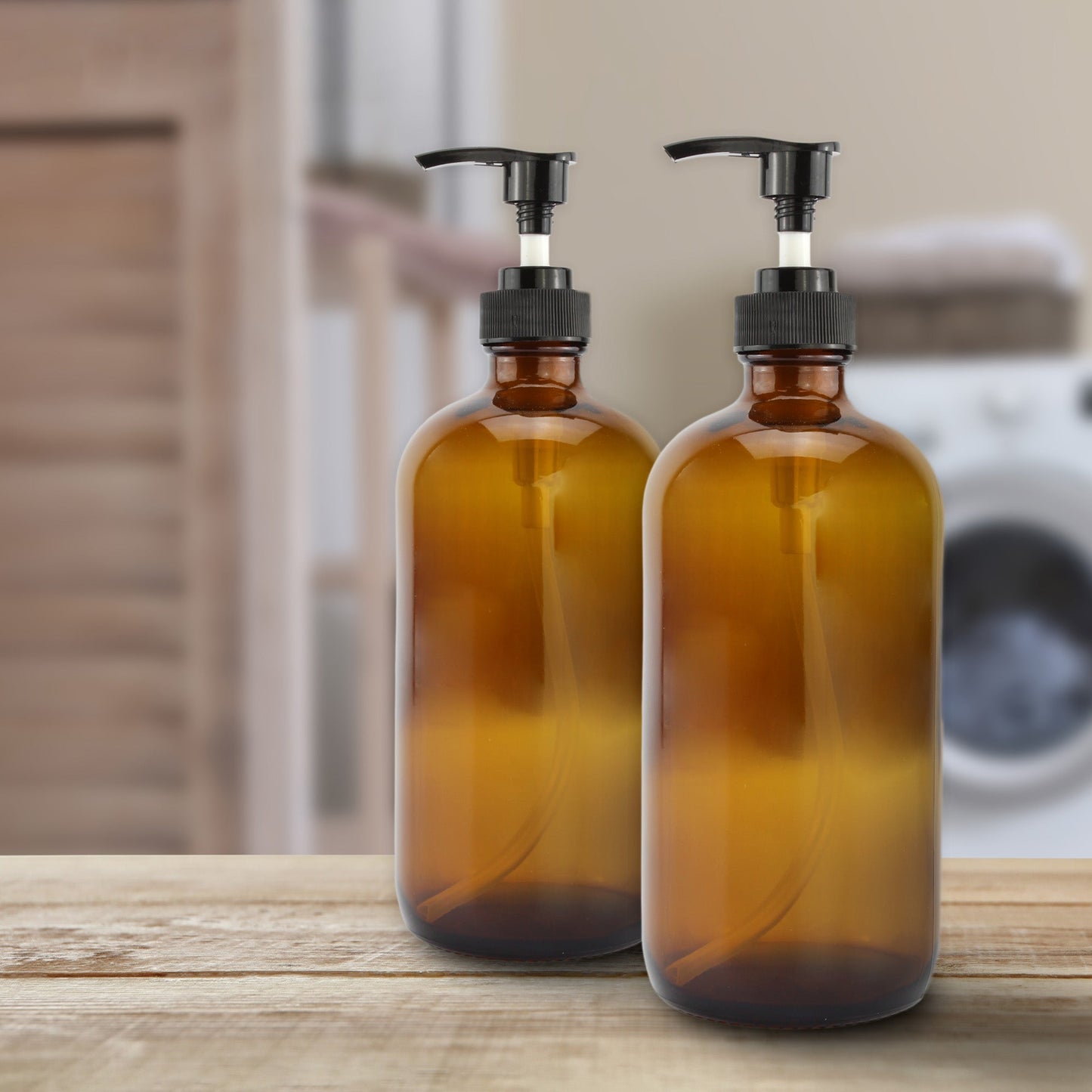 16oz Amber Glass Bottles w/ Pump Dispensers (Case of 48) - SH_1182_CASE