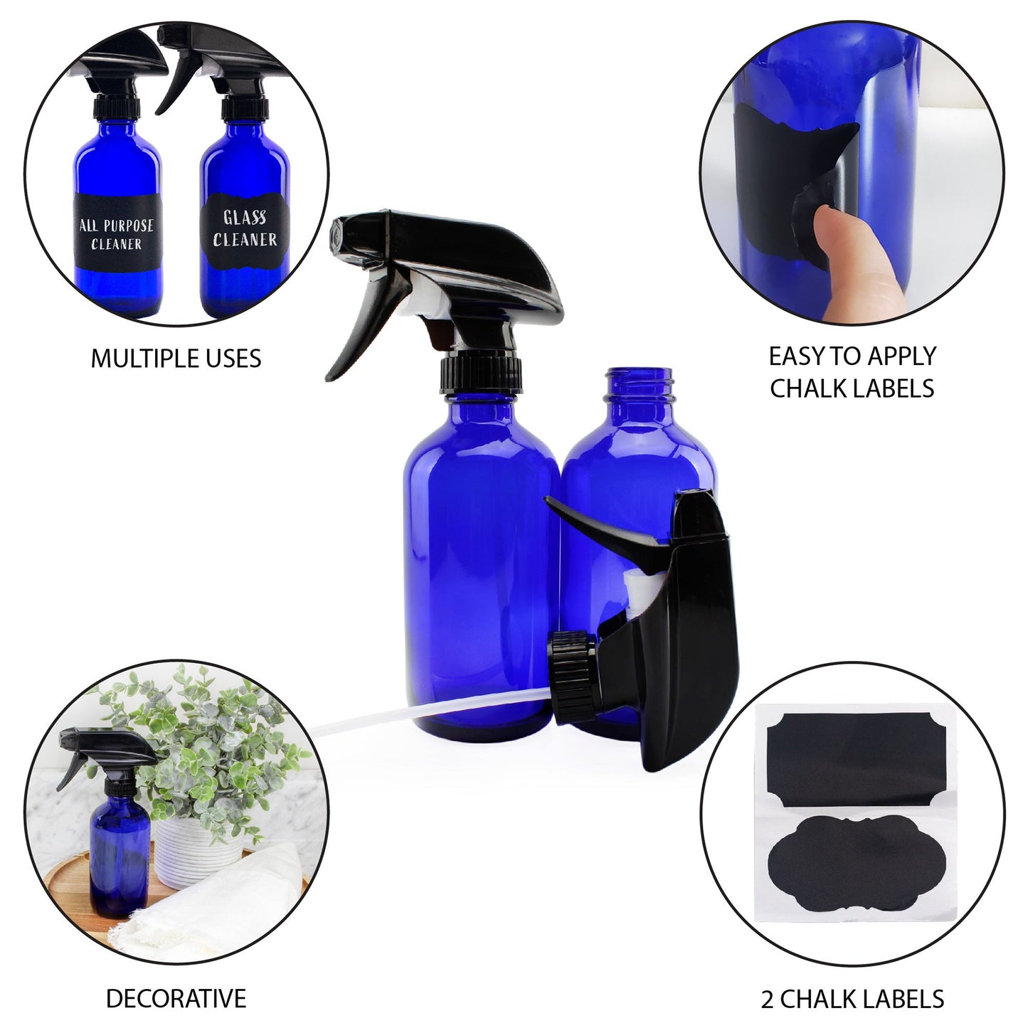 8oz Cobalt Blue Glass Boston Round Spray Bottles (2 Pack) - sh868cb08ozBL