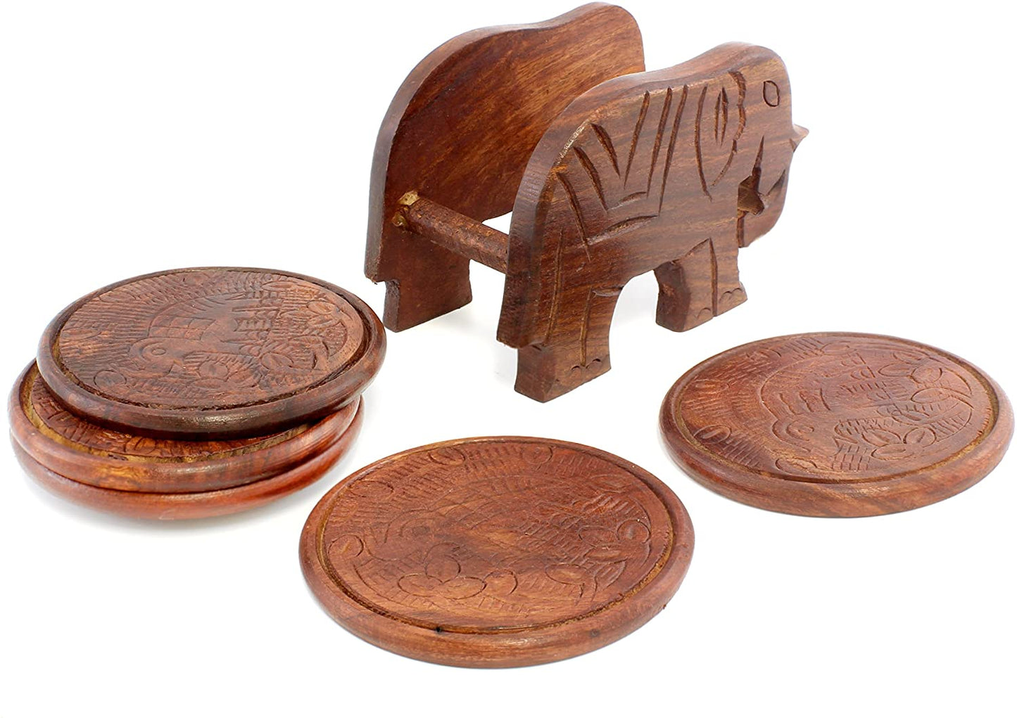 Elephant Design Wooden Coasters W/ Holder (Case of 50 Sets) - IH_1_CASE