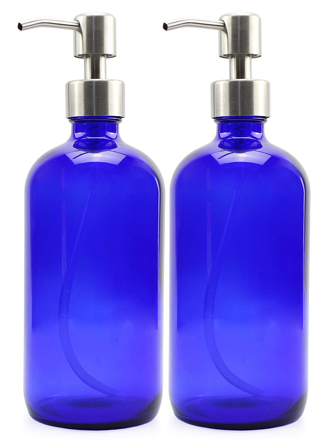 16oz Cobalt Blue Glass Bottles w/Stainless Steel Pumps (40-Pack) - SH_865_CASE