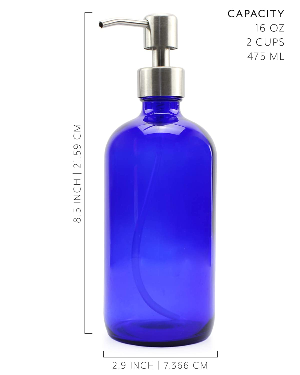 16oz Cobalt Blue Glass Bottles w/Stainless Steel Pumps (40-Pack) - SH_865_CASE