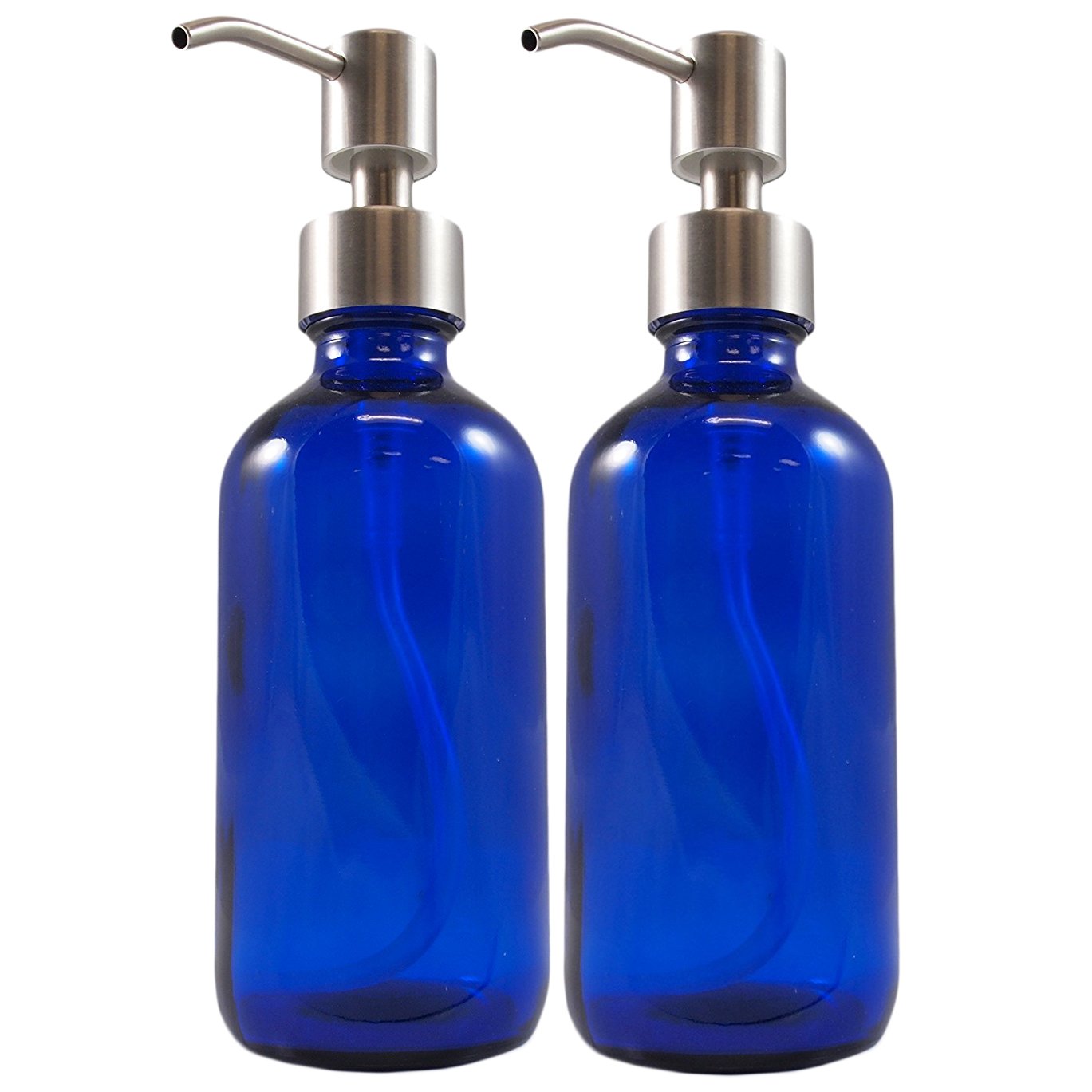 8oz Cobalt Blue Glass Bottles w/Stainless Steel Pumps (48 pack) - SH_867_CASE