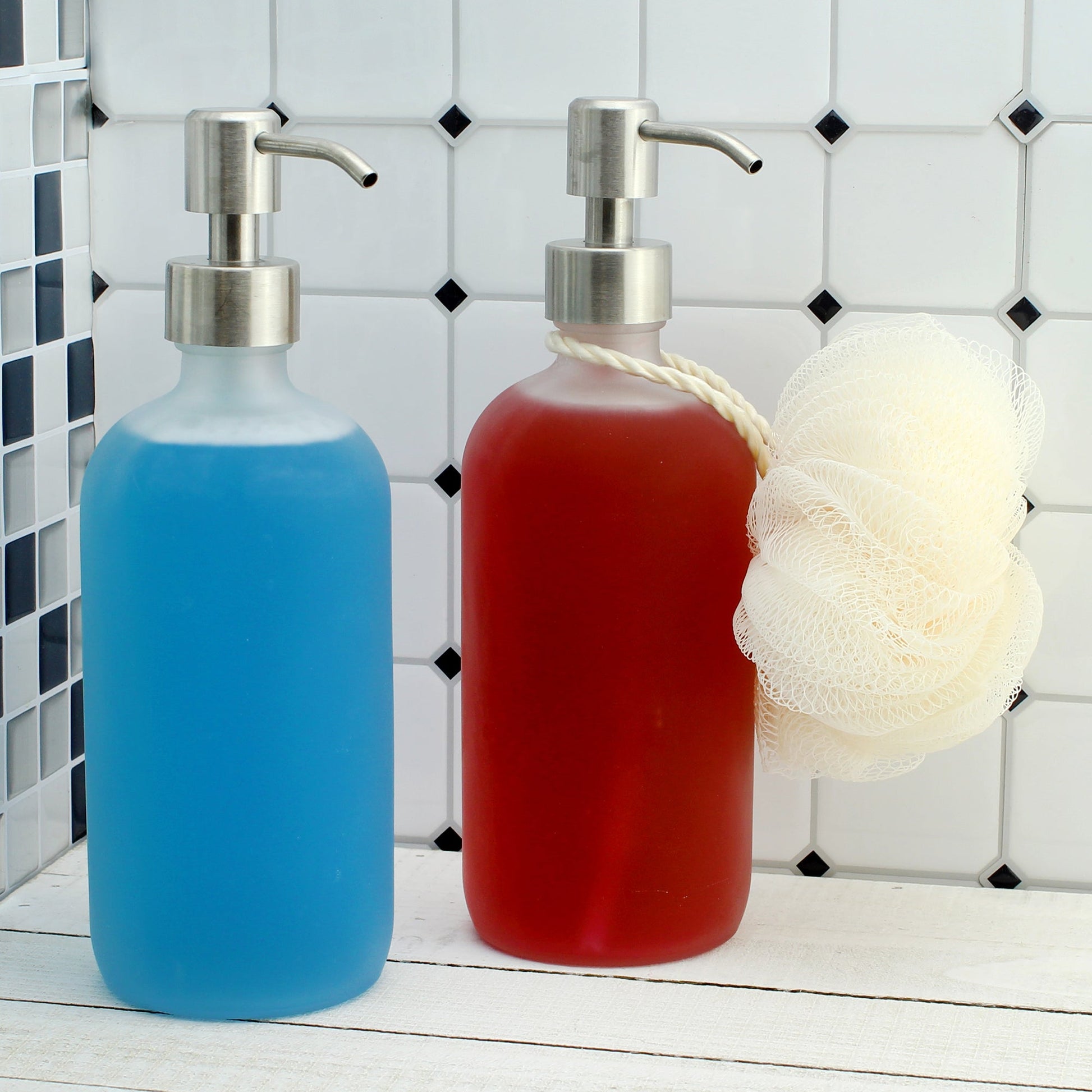 Frosted Glass Soap Dispenser w/Stainless Steel Pumps (16oz, 2-Pack) - sh1497cb0Frost