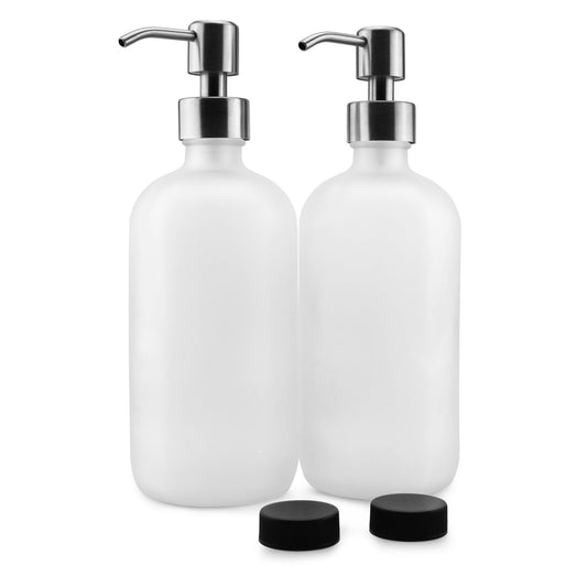 Frosted Glass Soap Dispenser w/Stainless Steel Pumps (16oz, 2-Pack) - sh1497cb0Frost