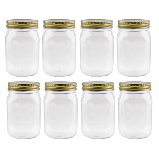 16-Ounce Clear Plastic Mason Jars (8-Pack, Gold Metal Lids); PET BPA-Free Mason Jars with One Piece Lids, 2-Cup/Pint Capacity, Compatible with Regular Mouth Mason Jar Lids - sh2325cb0