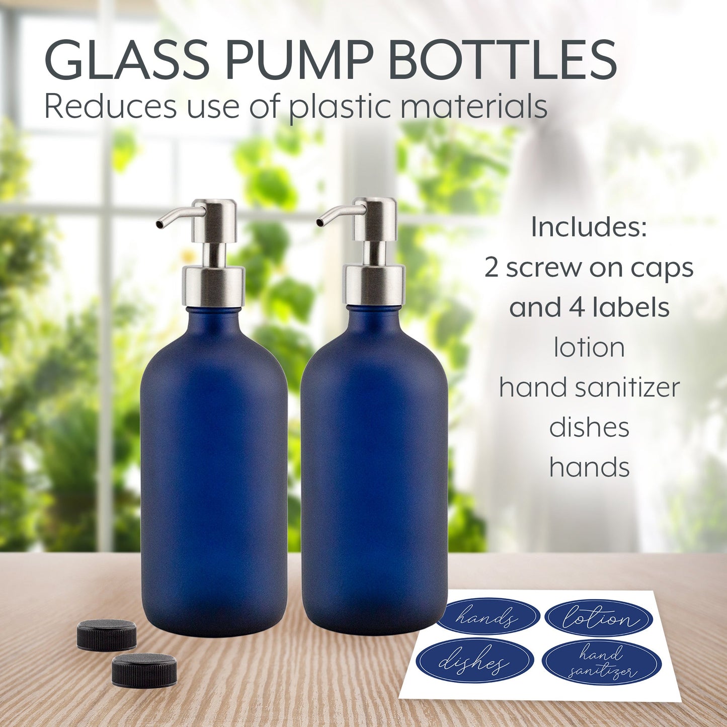 16oz Glass Pump Bottles (Set of 2, Blue w/ Silver) - sh2142cb0