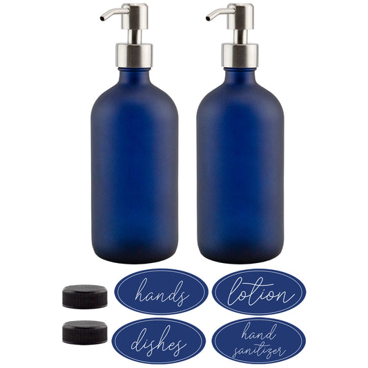 16oz Glass Pump Bottles (Blue w/ Silver, Case of 40) - SH_2142_CASE