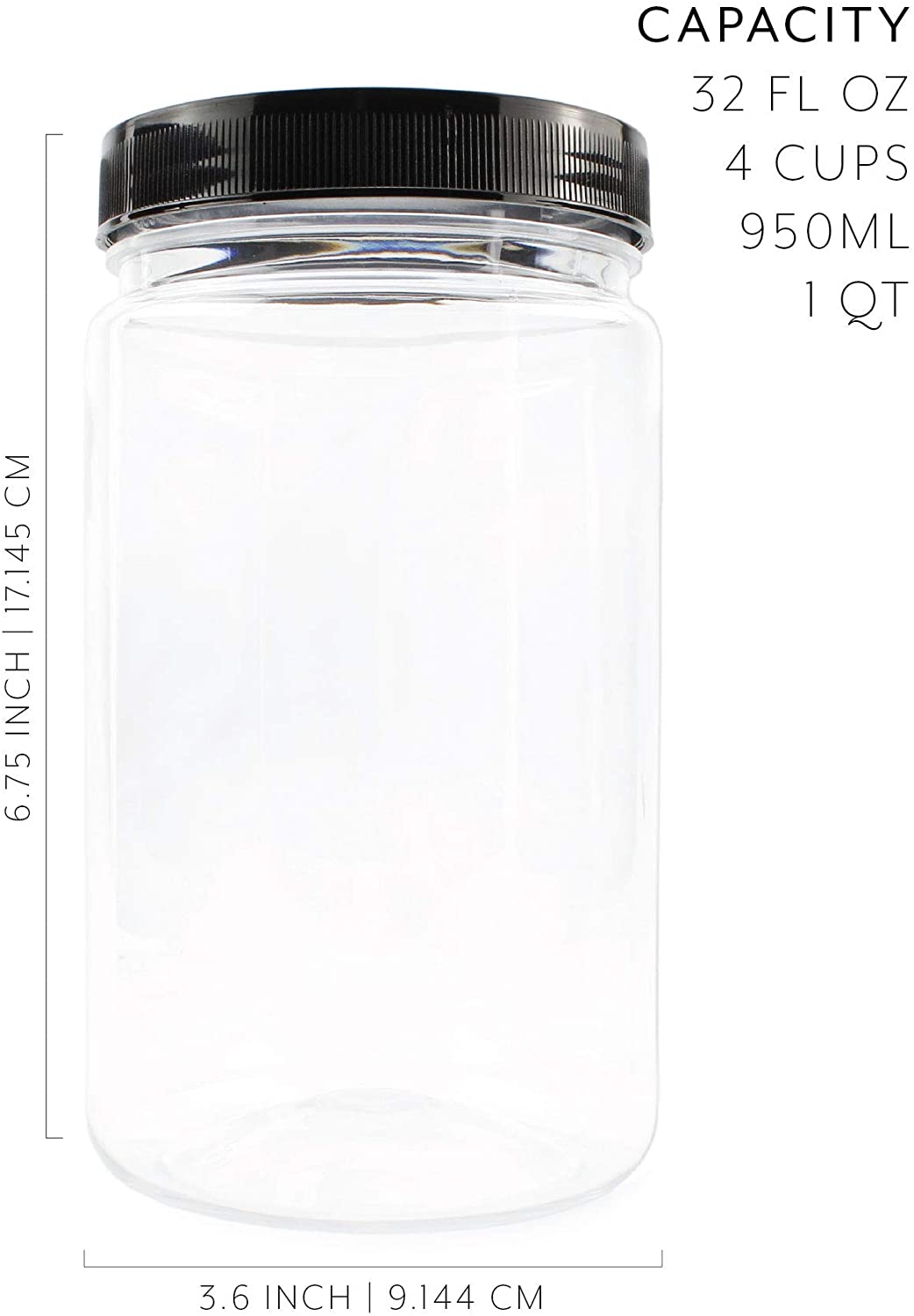 32oz Clear Plastic Jars w/ Black Lids (6 pack)
