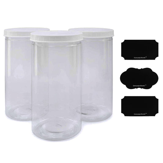 Tall Clear Plastic Canisters w Lids and Labels ( 3-Pack, 2.5 quart / 10 cups)