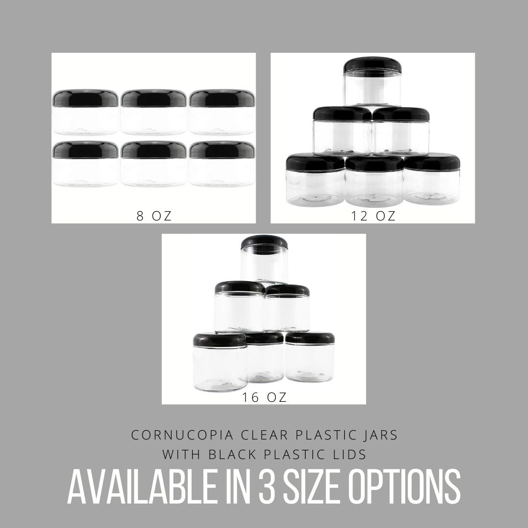 12 Ounce Clear Plastic Jars w/Black Plastic Lids (6 pack) - sh1336cb0mnw