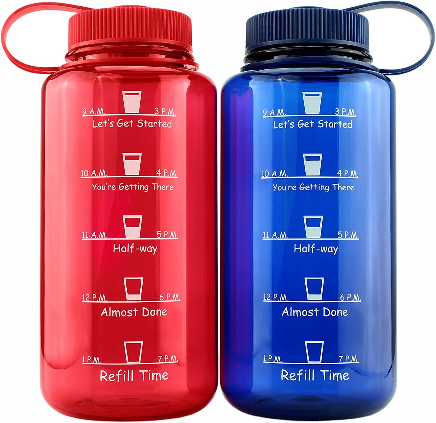Timed Water Bottles 32-Ounce Combo Pack (2-Pack, Blue/Red); Motivational Time Marker Tracker Goal Sports Bottles, Non-Toxic BPA-Free Plastic
