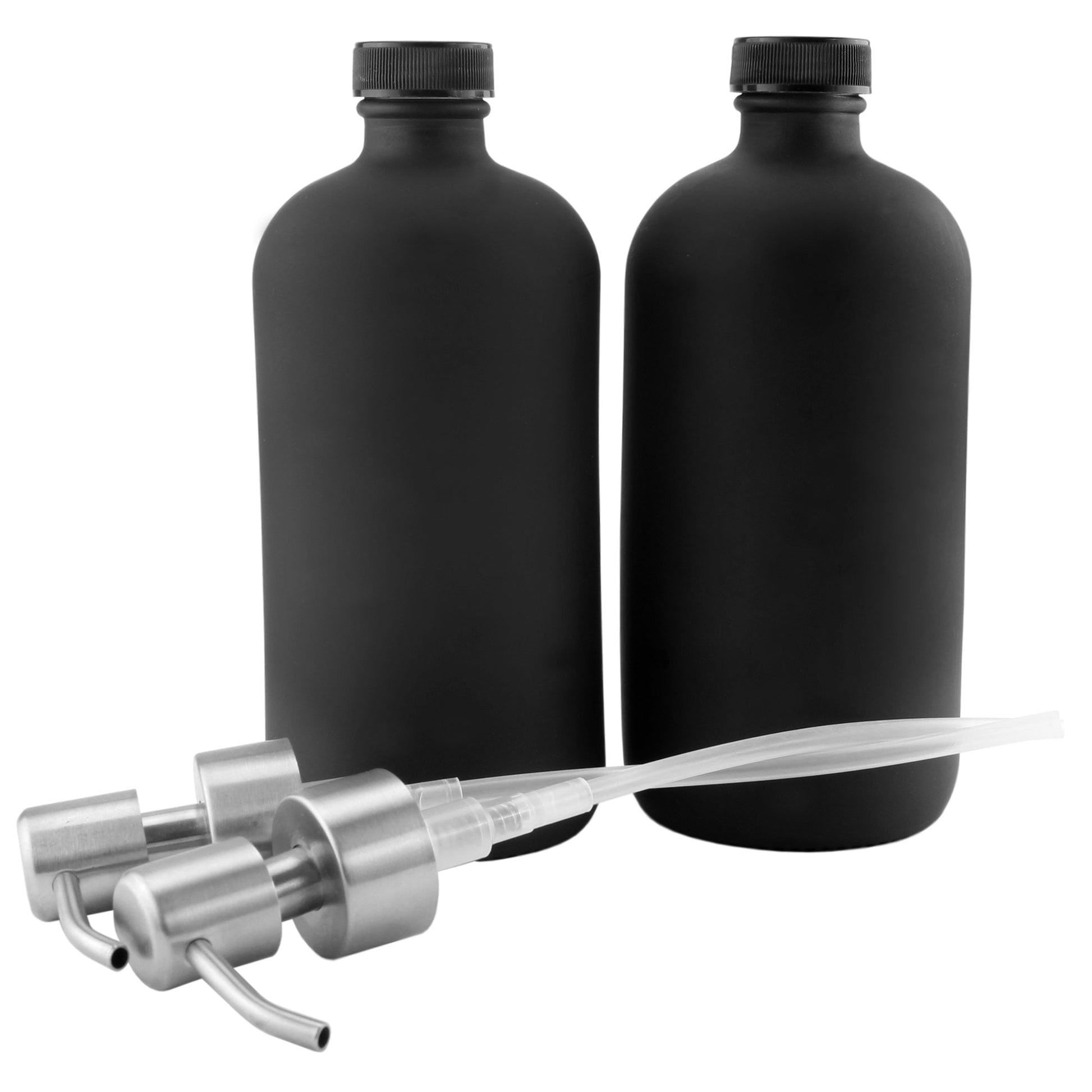 16oz Black Glass Bottles w/Stainless Steel Pumps (2-Pack) - sh1225cb0Blck