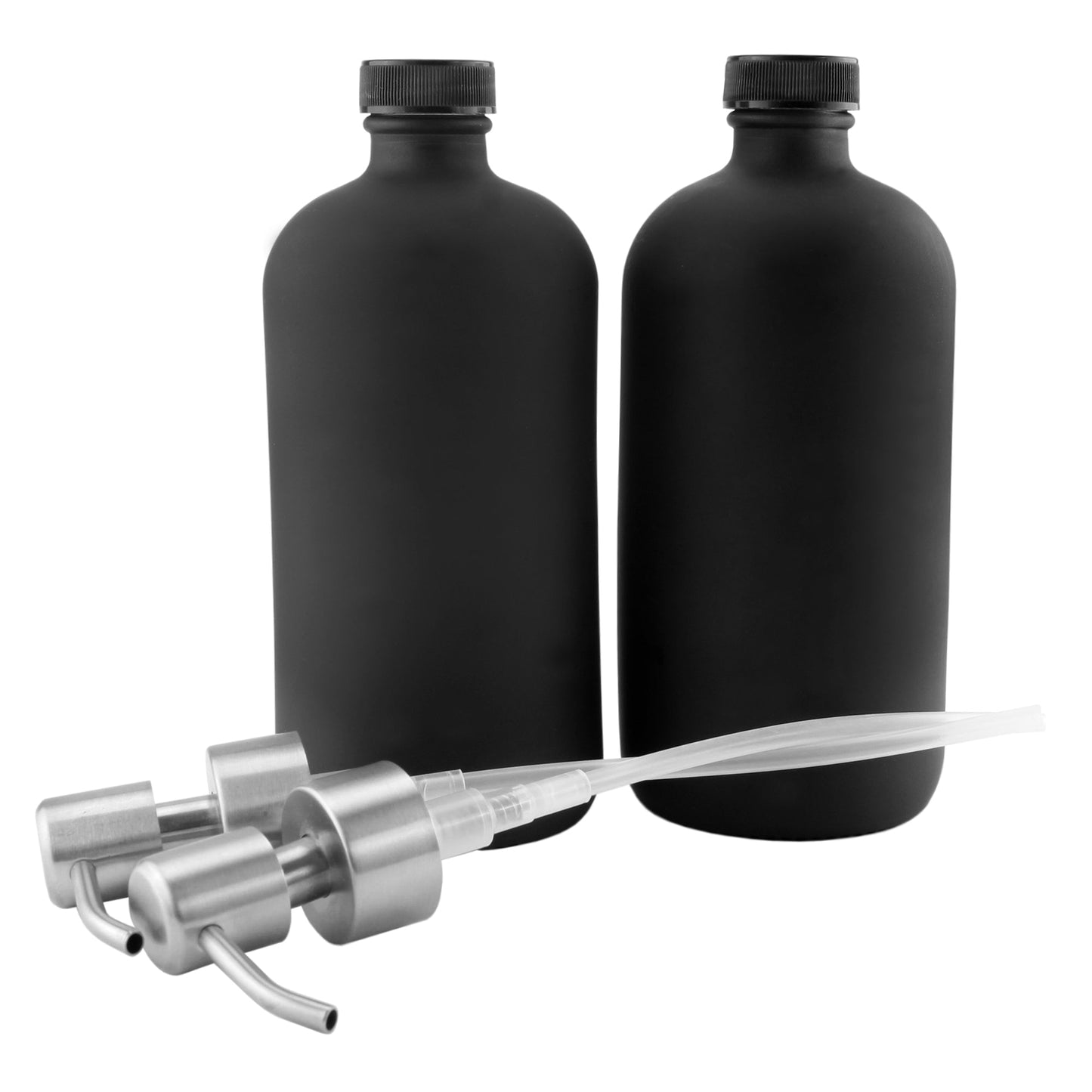 16oz Black Glass Bottles w/Stainless Steel Pumps (Case of 40) - SH_1225_CASE