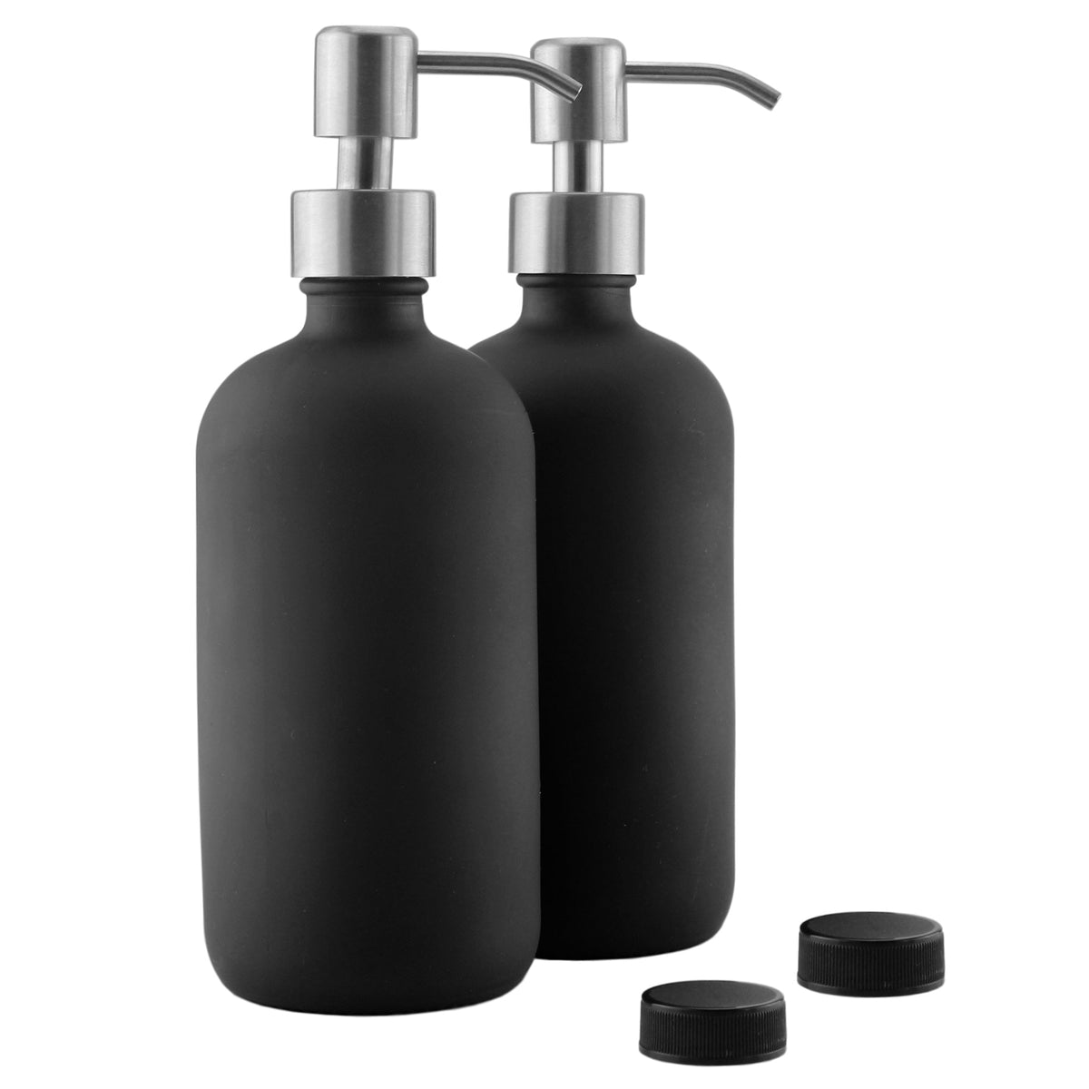 16oz Black Glass Bottles w/Stainless Steel Pumps (2-Pack)