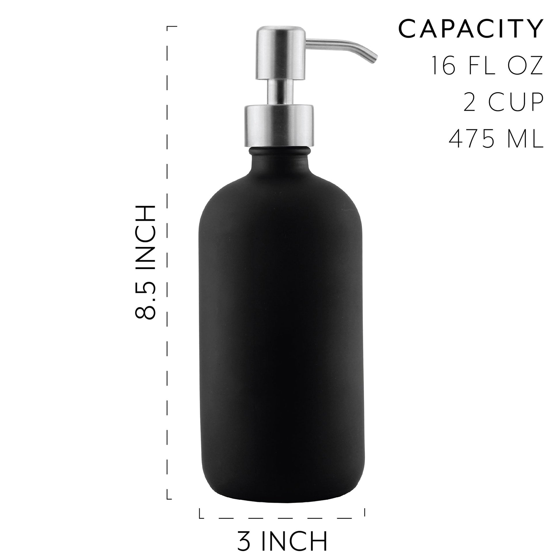16oz Black Glass Bottles w/Stainless Steel Pumps (2-Pack) - sh1225cb0Blck