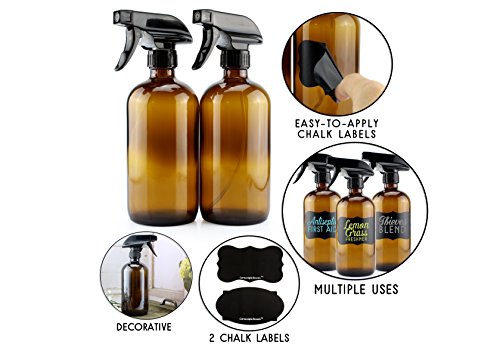 16-Ounce Amber Glass Spray Bottles w/Reusable Chalk Labels (2 Pack), Heavy Duty Mist & Stream 3-Setting Sprayer; Great for Essential Oils