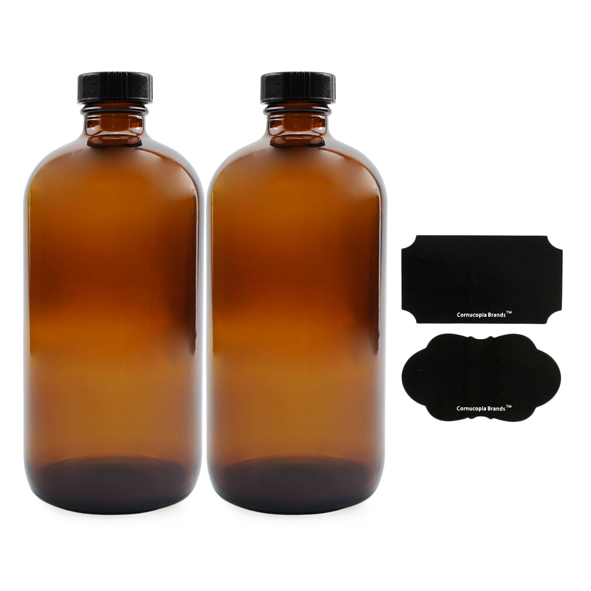 16oz Amber Glass Bottles w/ Reusable Chalk Labels and Lids (2 Pack)