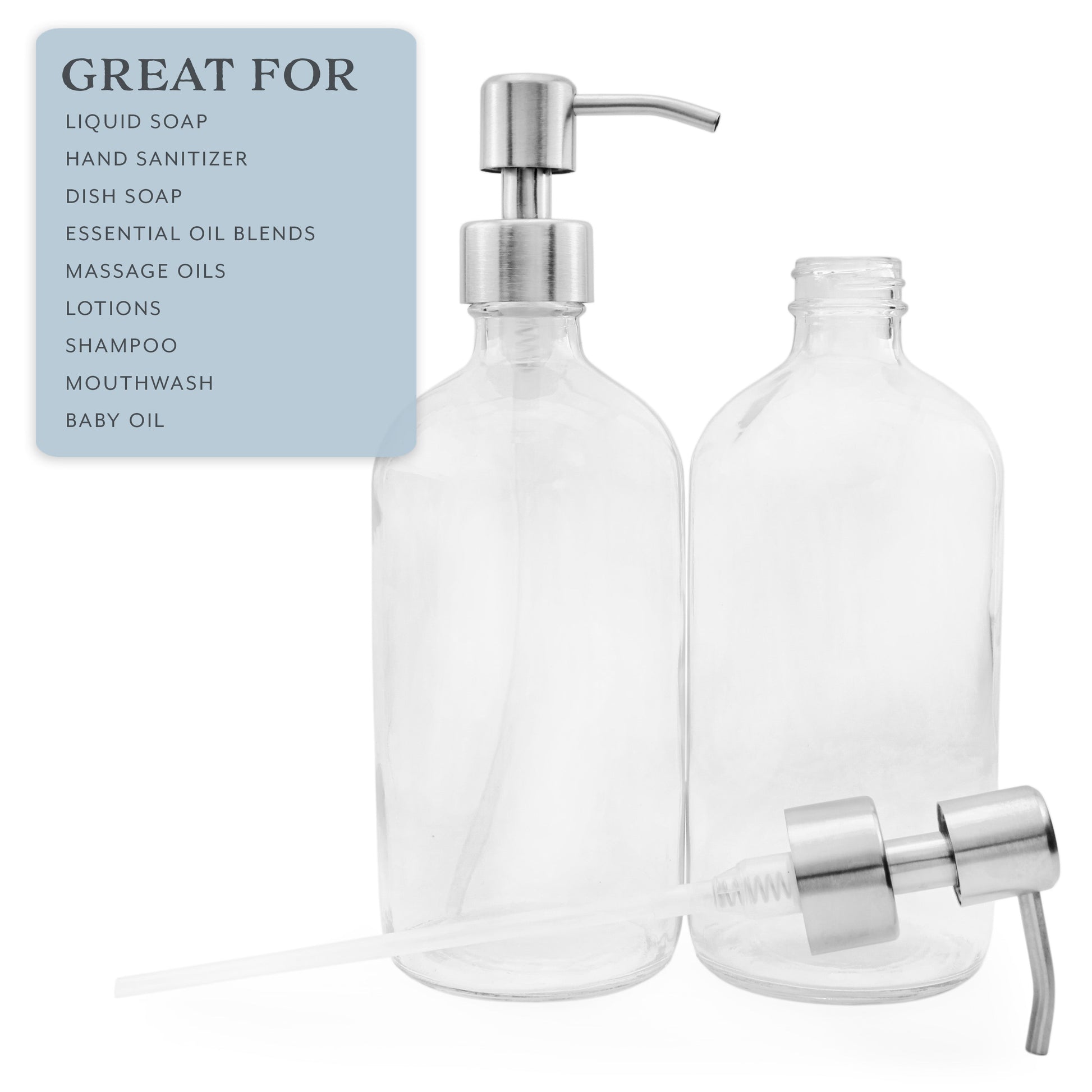16oz Clear Glass Boston Round Bottles w/Stainless Steel Pumps (2 Pack) - sh869cb016oz