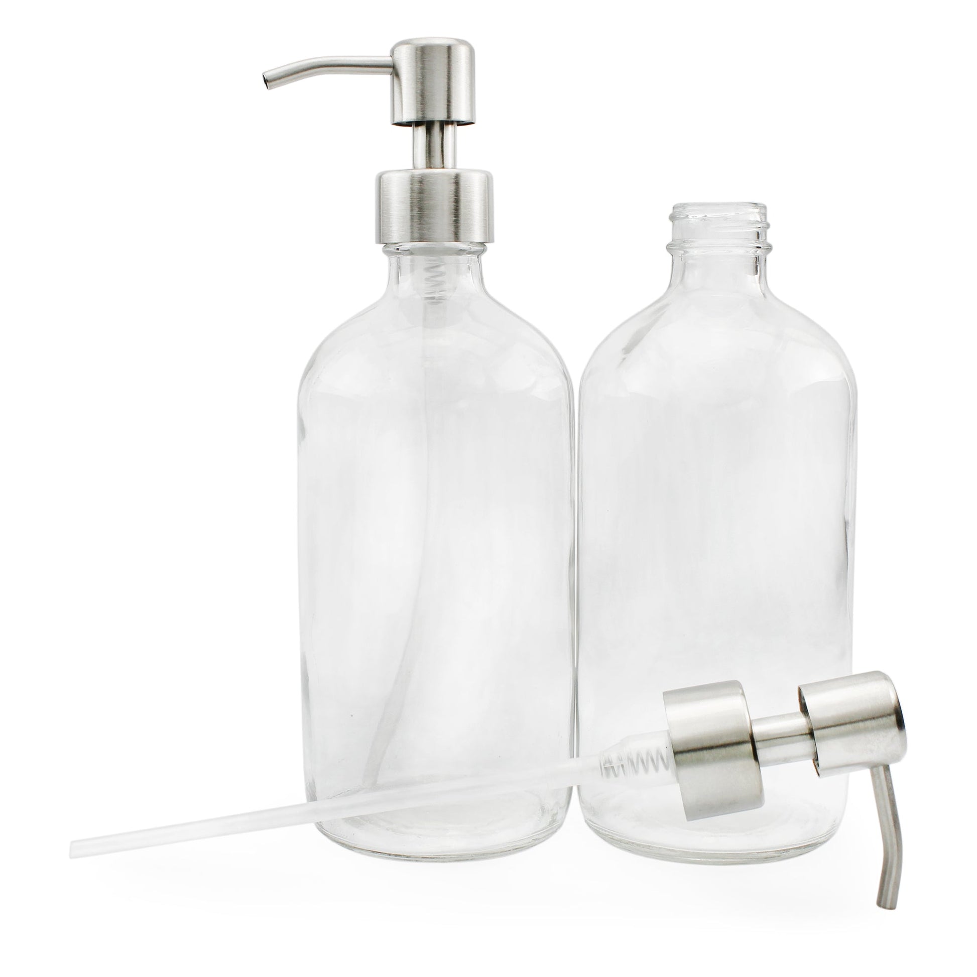 16oz Clear Glass Bottles w/Stainless Steel Pumps (Case of 40) - SH_869_CASE