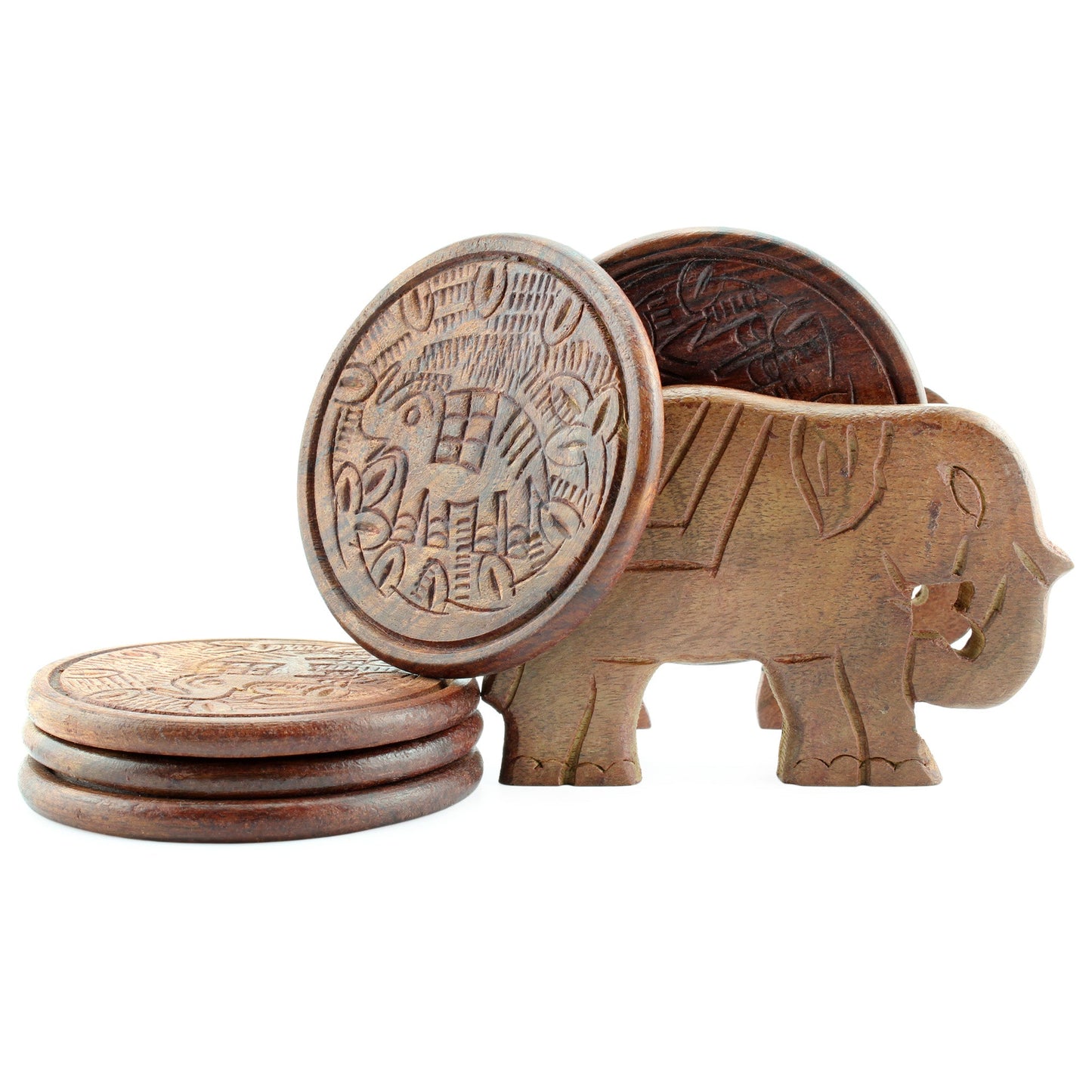 Elephant Design Wooden Coasters W/ Holder (Case of 50 Sets) - IH_1_CASE
