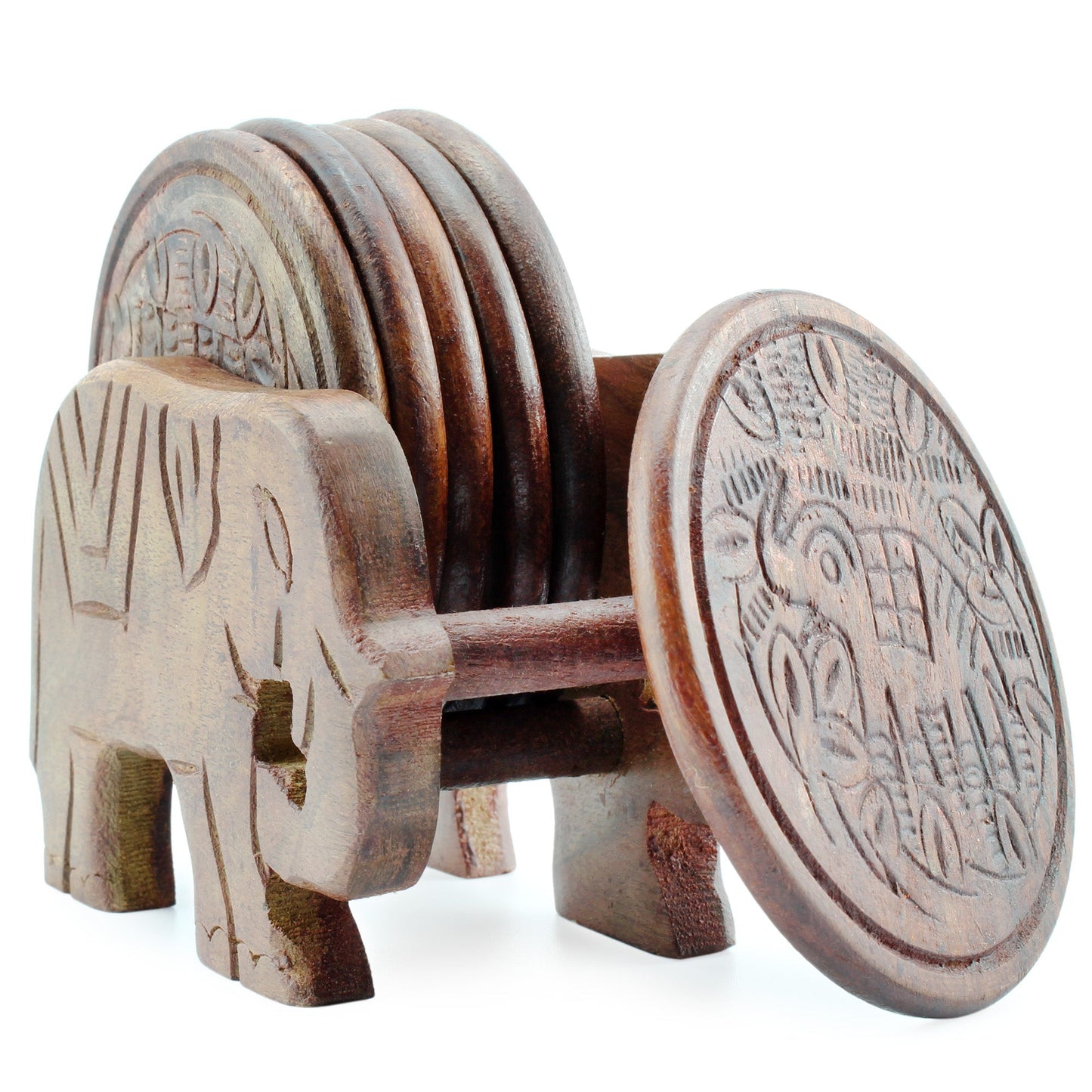 Elephant Design Wooden Coasters W/ Holder (Set of 6) - ih_1Elephantcb0