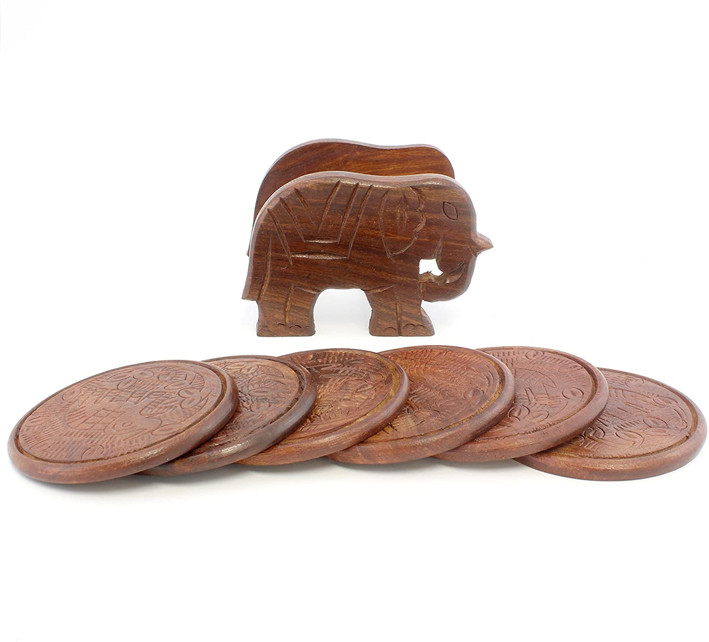 Elephant Design Wooden Coasters W/ Holder (Case of 50 Sets) - IH_1_CASE