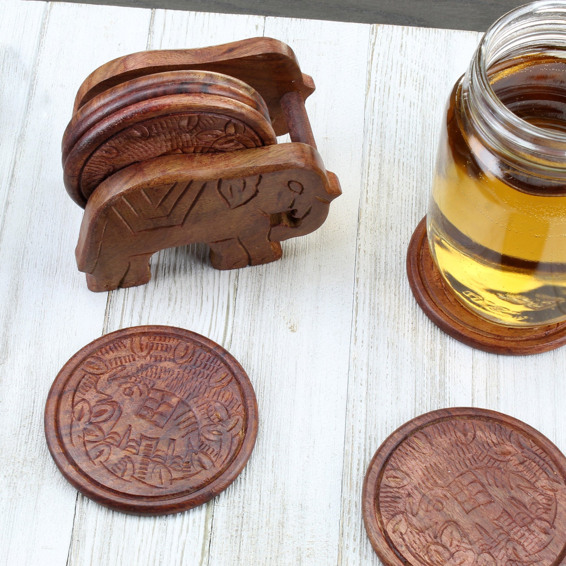 Elephant Design Wooden Coasters W/ Holder (Case of 50 Sets) - IH_1_CASE