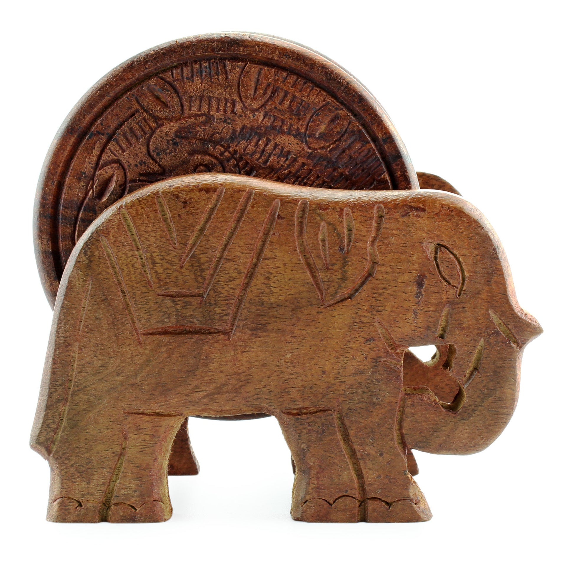 Elephant Design Wooden Coasters W/ Holder (Set of 6) - ih_1Elephantcb0